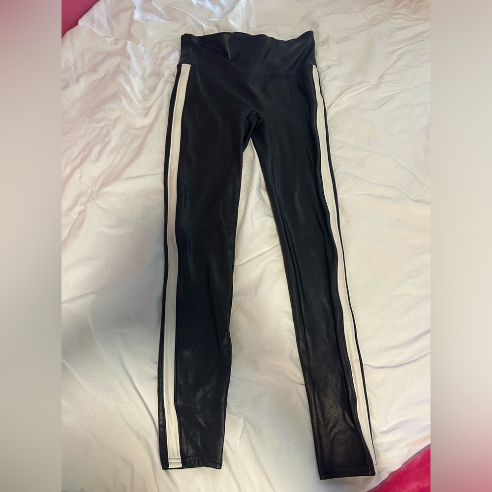 Spanx Faux Leather Leggings with White Stripe - medium